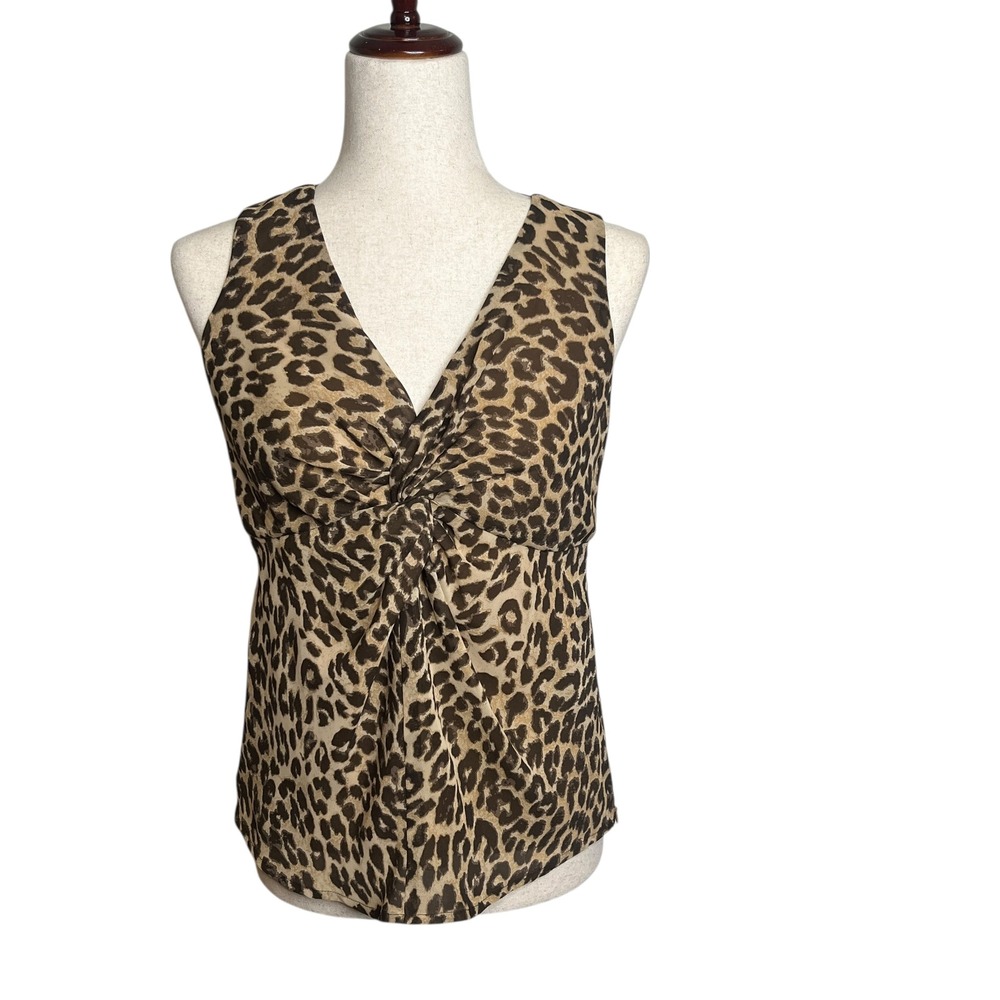 Vtg Y2k Ann Taylor Leopard Print Sleeveless‎ Top 2P Petite V-Neck Twist Front